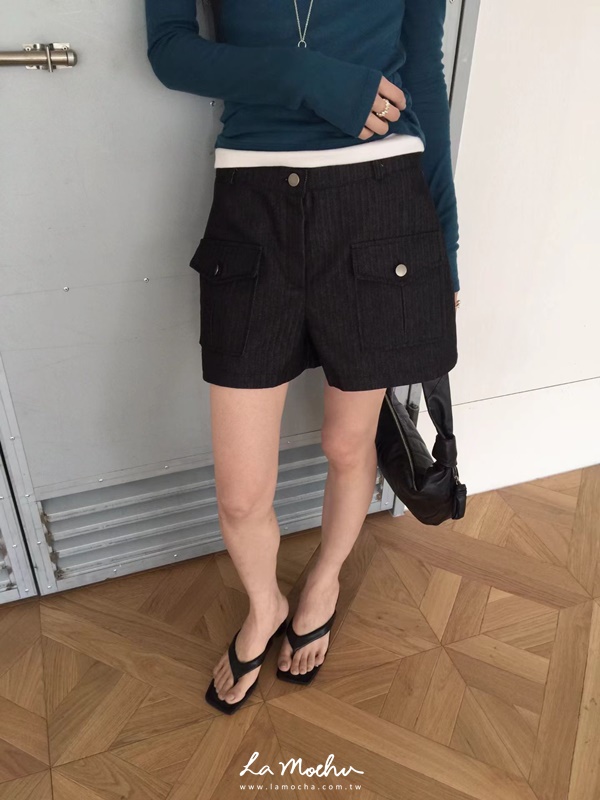 方口袋牛仔條紋短褲